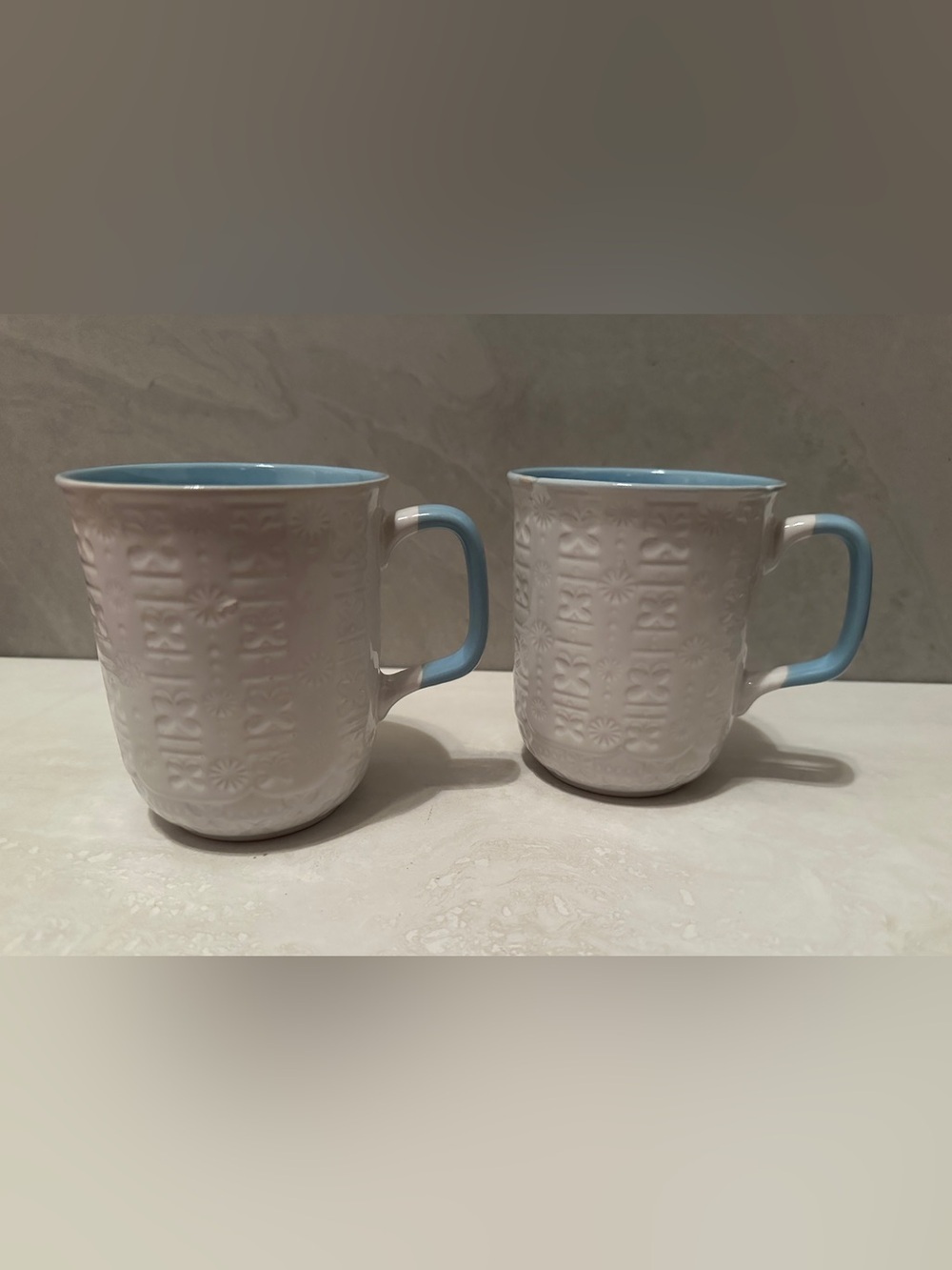 Set Of 2 NEW Spring/Mother’s Day 4.5” White & Pastel Blue Embossed Mug